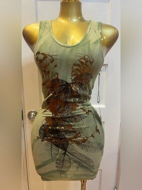 VTG Life & Death Green Ribbed Tank Dress Y2K Leaf Foil Print Grunge Mini Size L